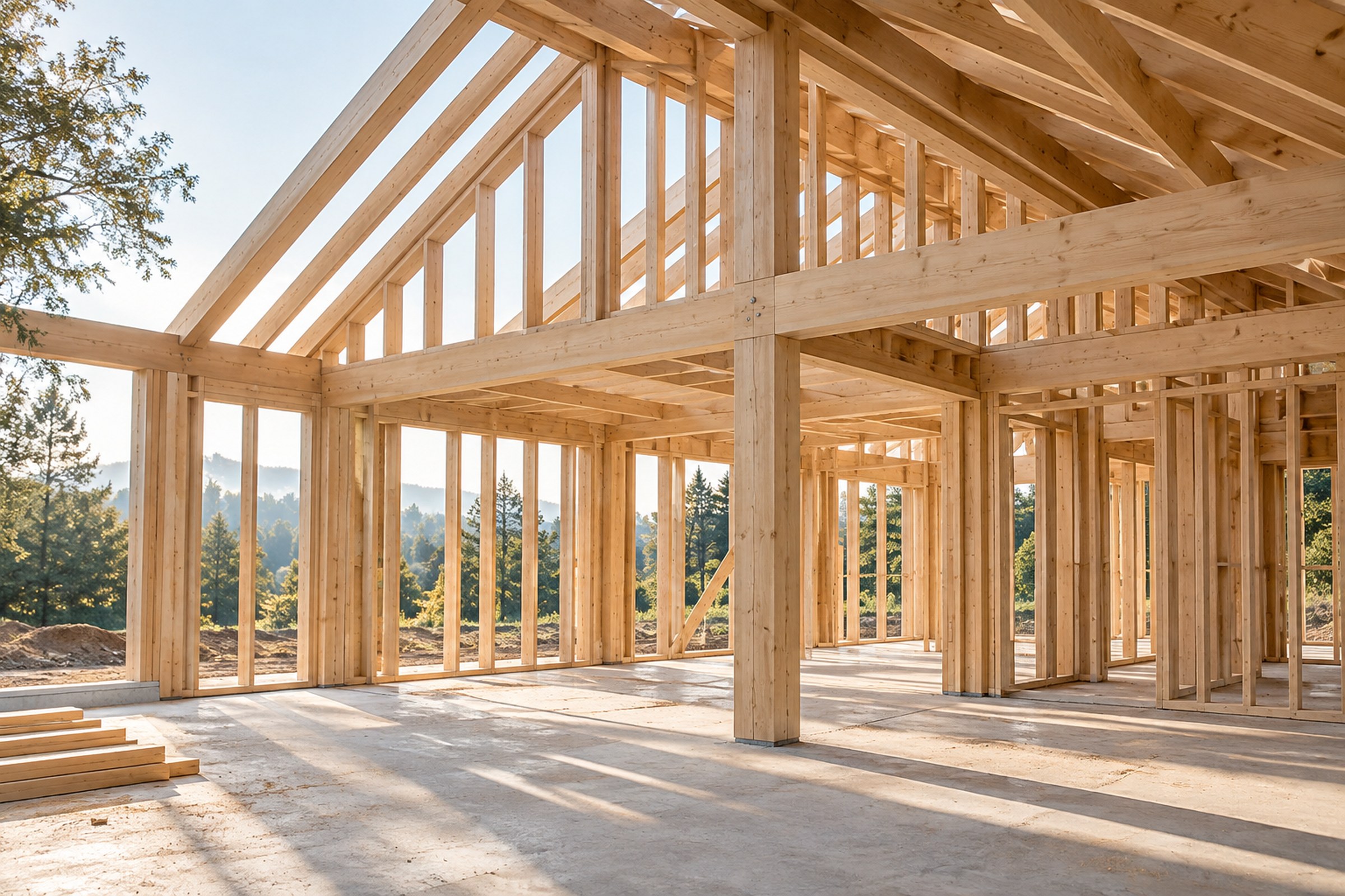 A timber house frame under construction with morning light through the posts and rafters