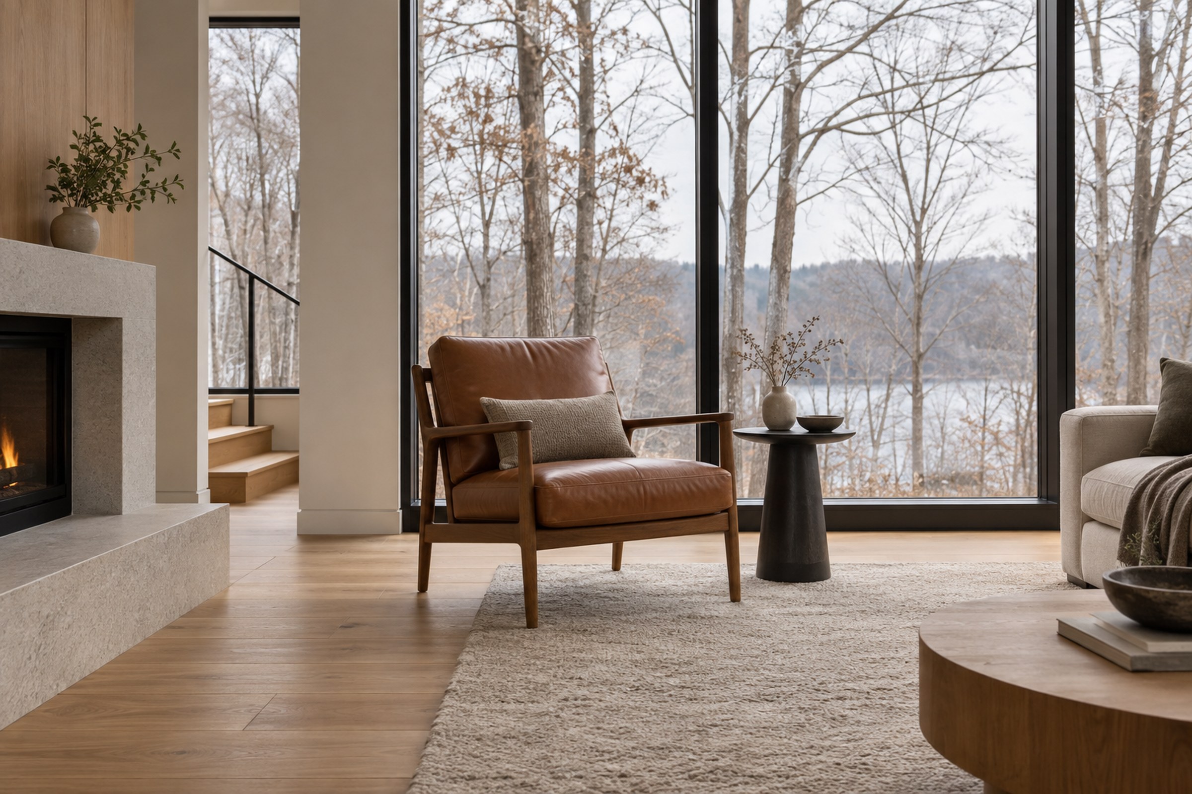 A finished living room with a leather chair, side table and tall windows looking onto bare trees
