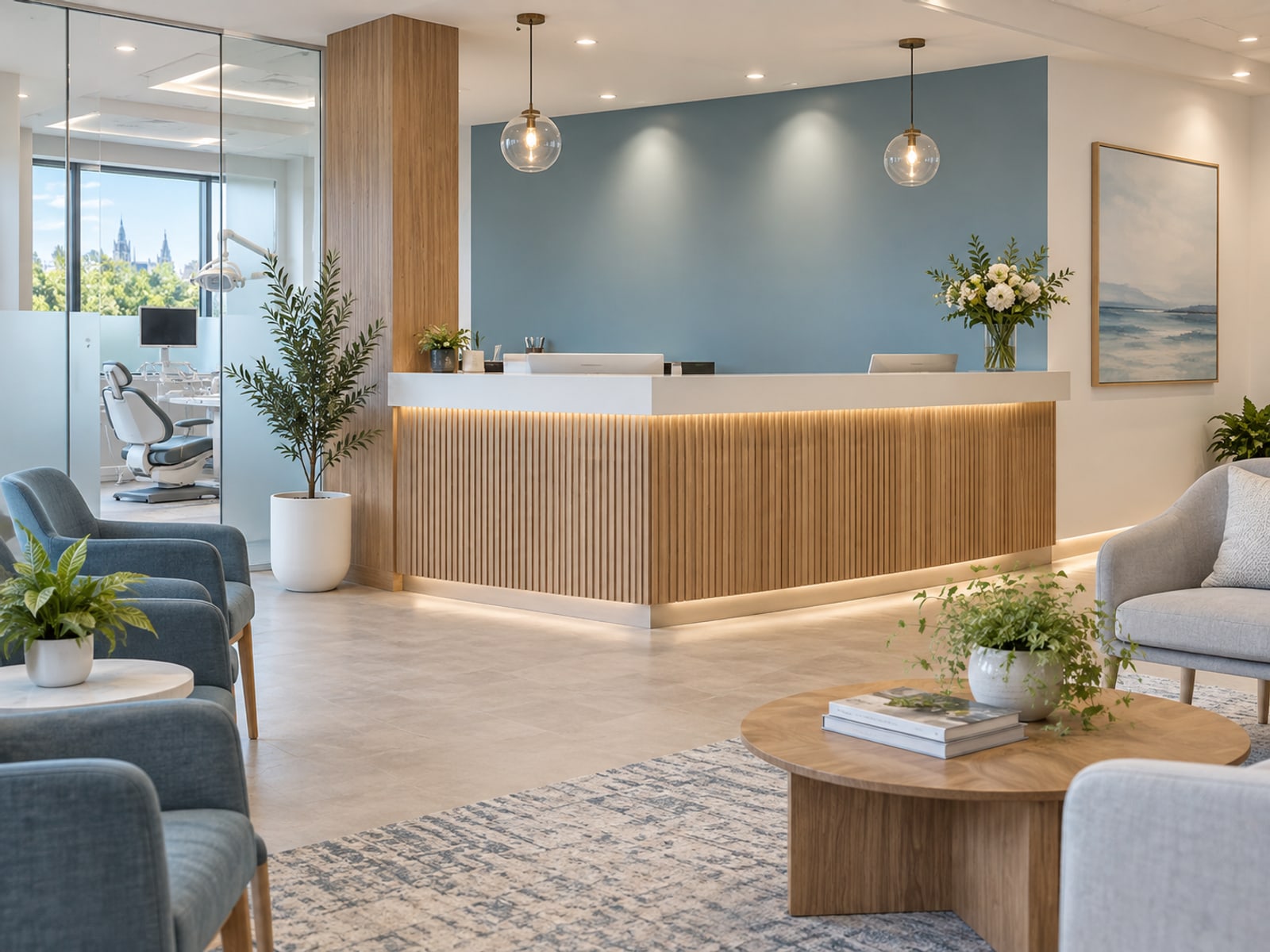 A clinic reception desk with wood panelling and seating alongside