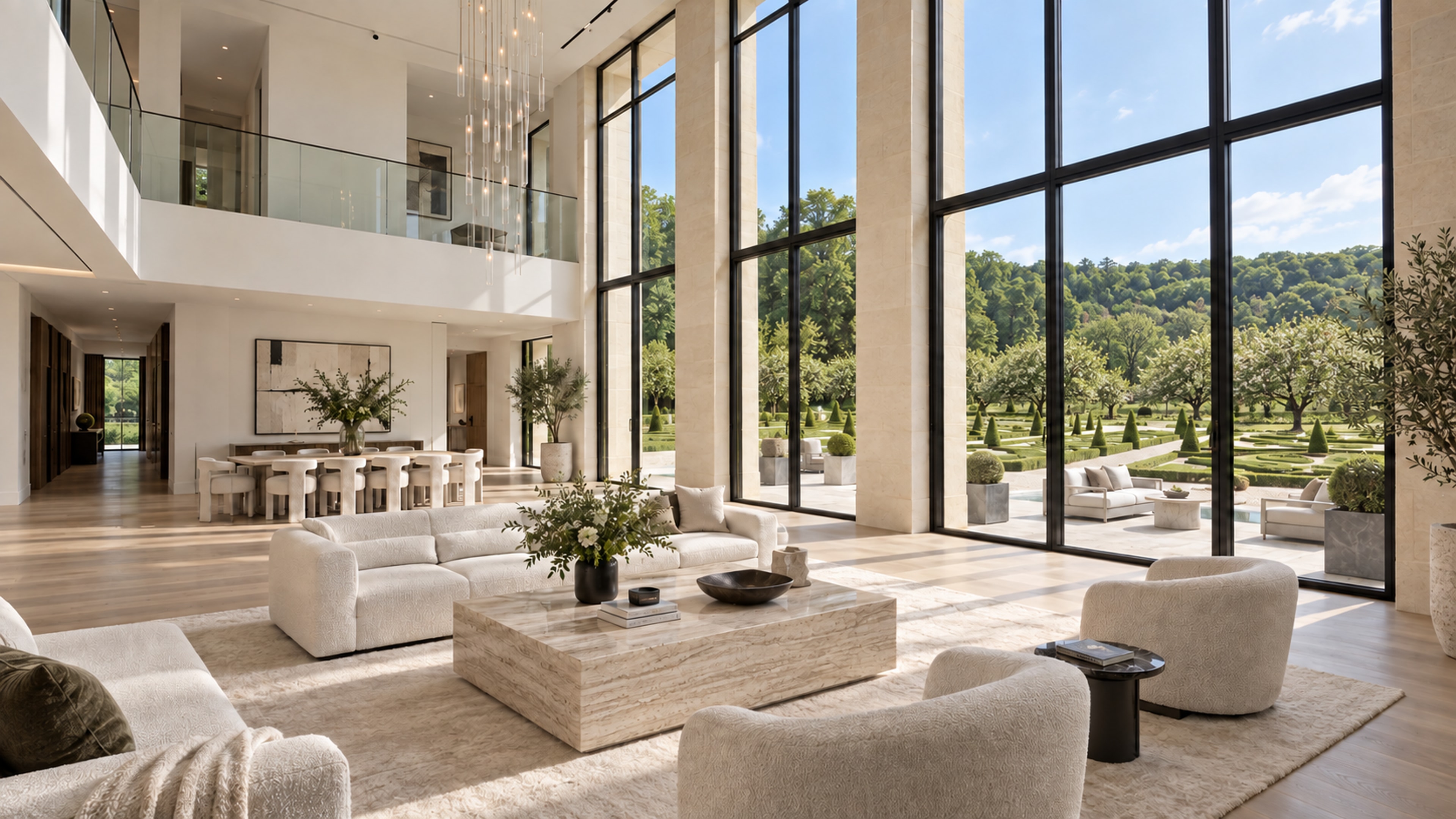 A two-storey salon with steel-framed windows thirty-six feet tall, white linen sofas and a gallery running along the upper floor