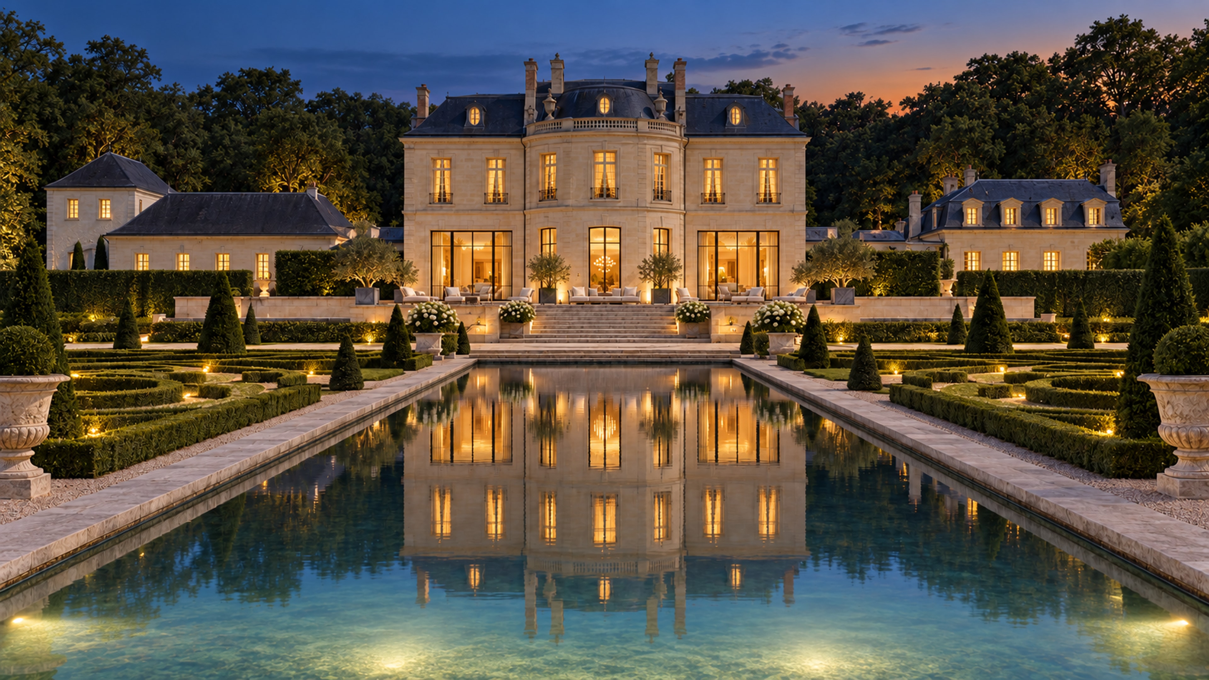 The same terrace and pool an hour after sunset, the windows lit warm and the house reflected in the water