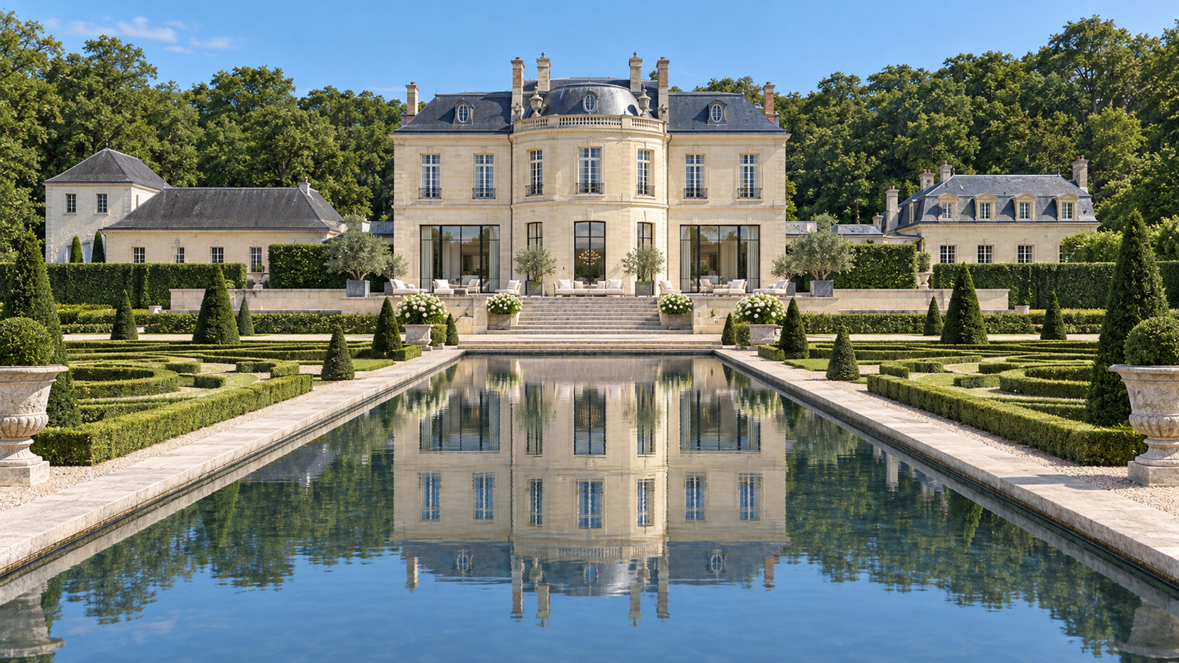 The château's rear terrace and long reflecting pool at midday, under a clear sky