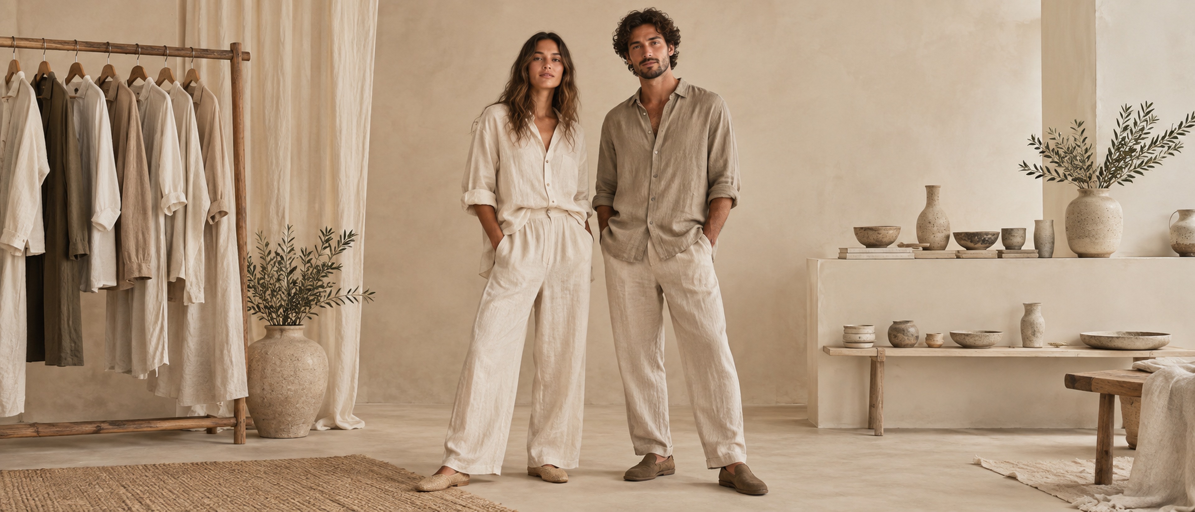 Two models in natural linen outfits in a warm studio with a clothing rail and handmade stoneware