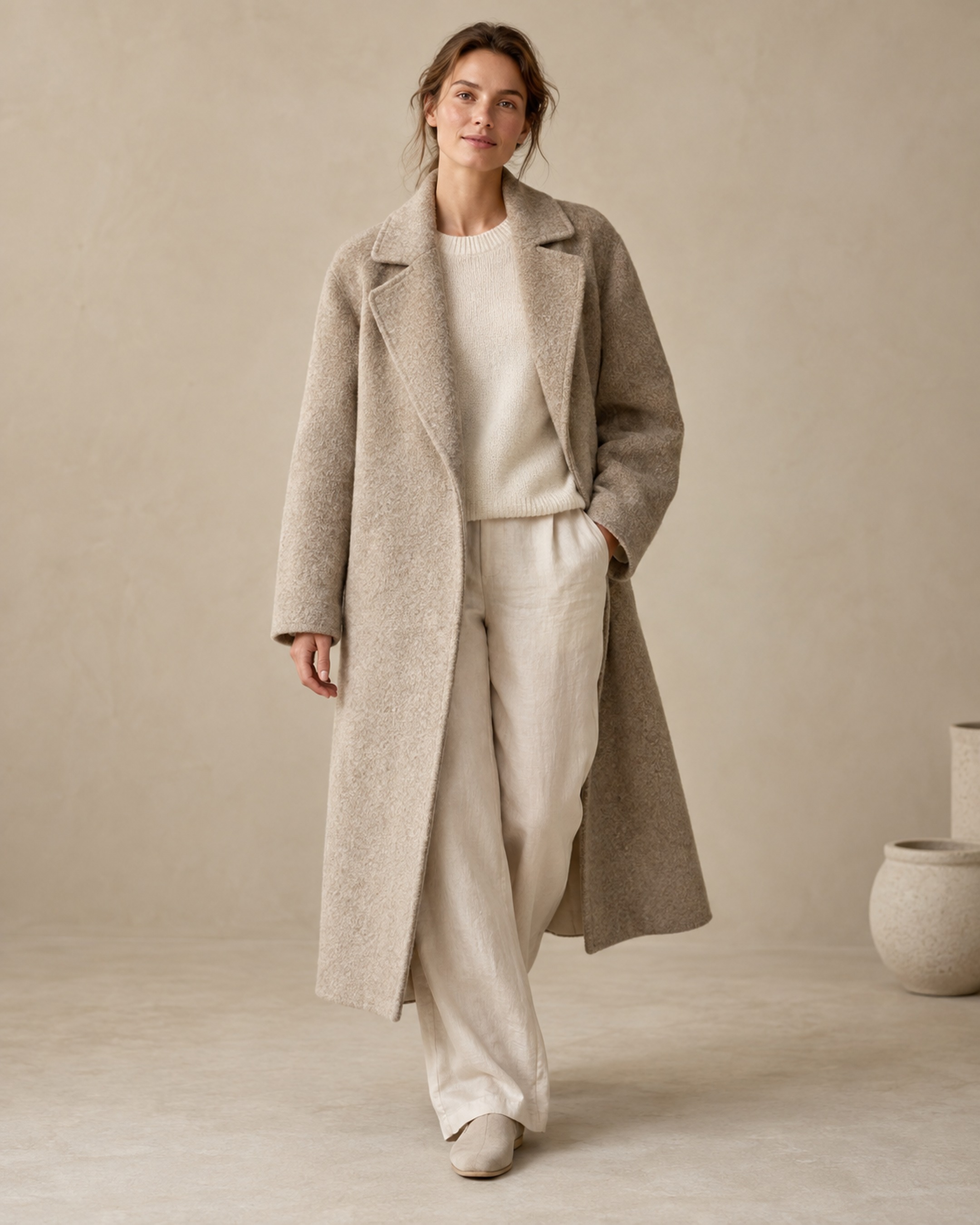 The wool coat, on a plain sand seamless