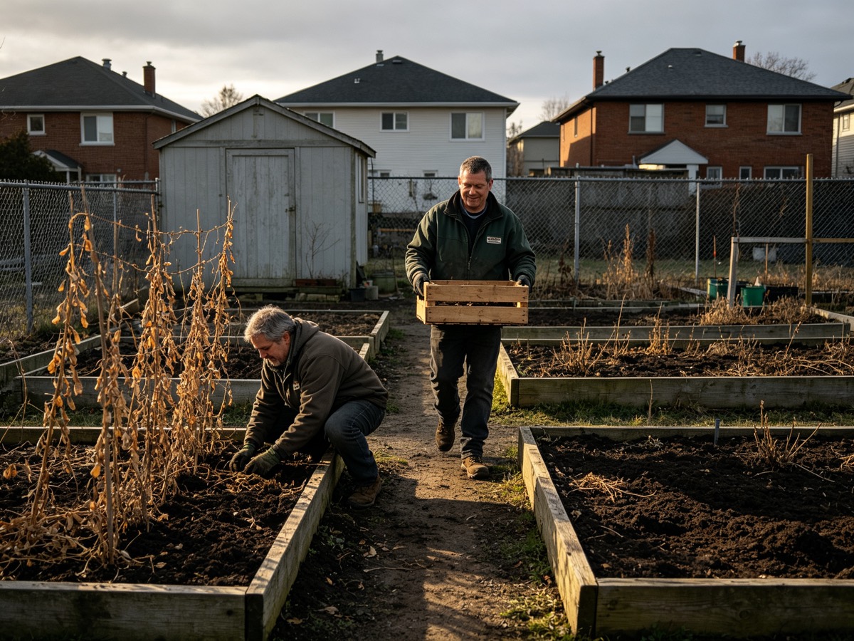 Two people working an allotment at the end of the season, one clearing a bed and one carrying a crate