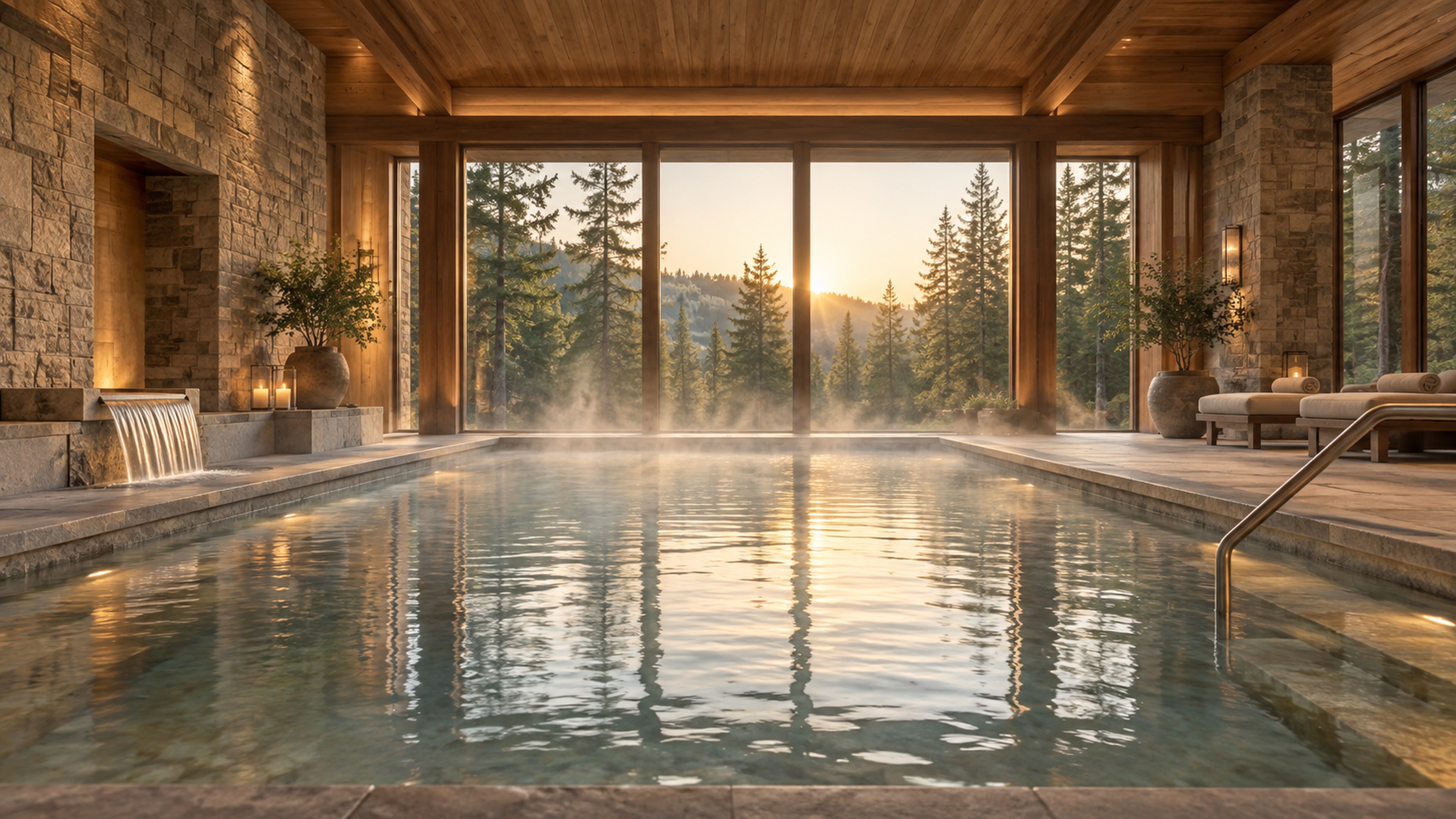 A warm stone-and-timber thermal pool with soft steam and forest visible through large windows