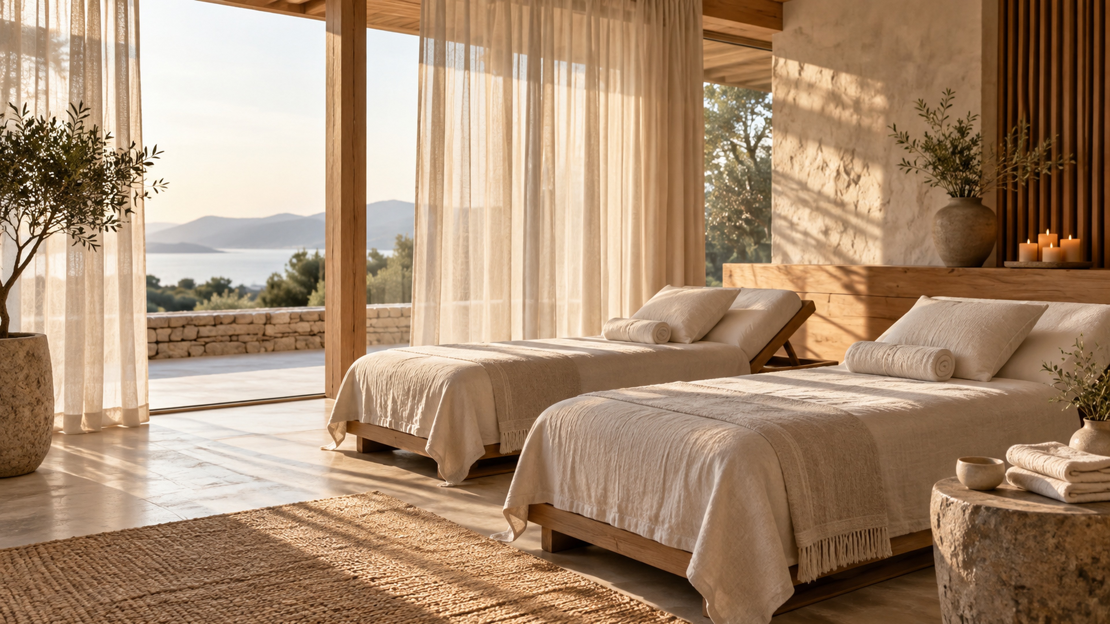 A relaxation room with daybeds and sheer curtains in afternoon light