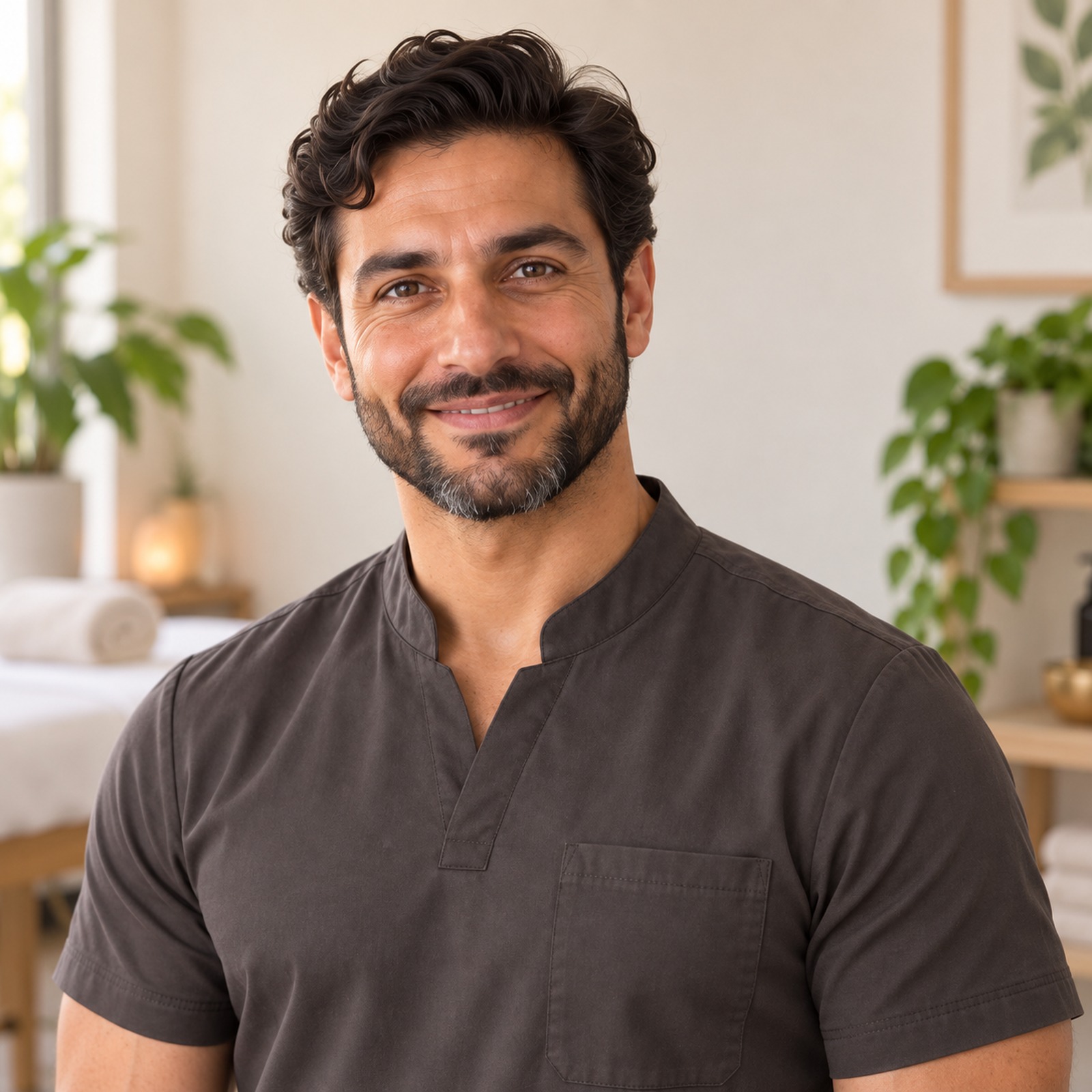 Portrait of a male massage therapist in a dark clinical tunic in a calm treatment studio
