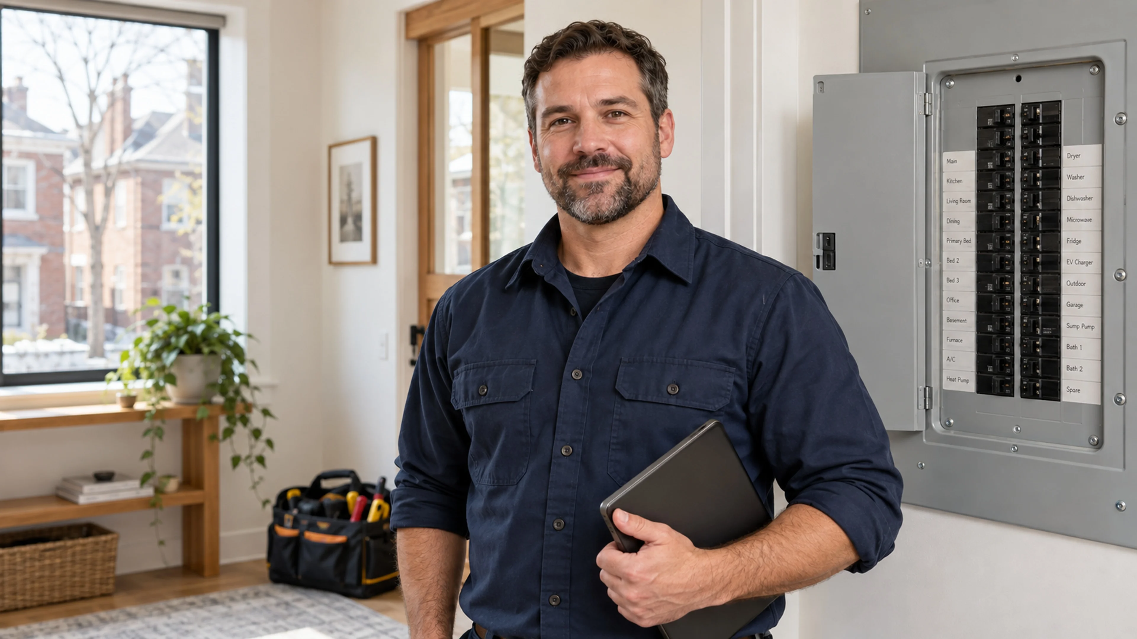 An electrician in navy workwear holding a tablet beside a residential breaker panel in a bright Toronto home